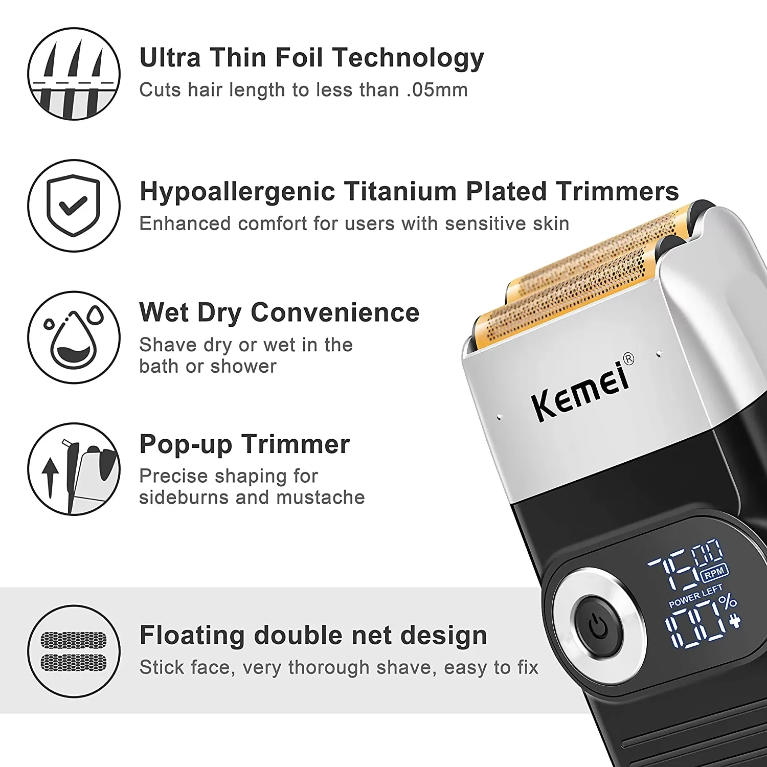Kemei KM-2026 KM-2027 Afeitadora eléctrica recargable 2 en 1 Afeitadora alternante LCD para hombres Recortadora de barba con carga USB