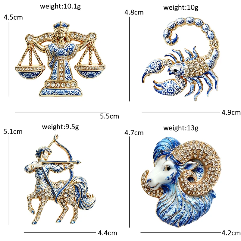 Broches de Lujo Barrocos con los 12 Signos del Zodiaco para Mujer, Unisex, Diseño de Porcelana Azul y Blanca, Broches de Animales para Fiesta o Uso Diario, Regalos