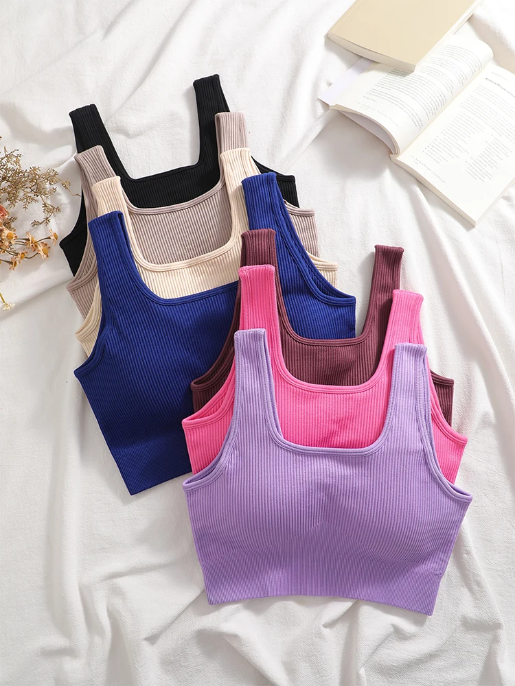 Top Deportivo Corto Sin Costuras para Mujer, con Sujetador Acolchado, Cuello Cuadrado, Sin Mangas, Alta Elasticidad, Suave y Transpirable, para Fitness y Yoga