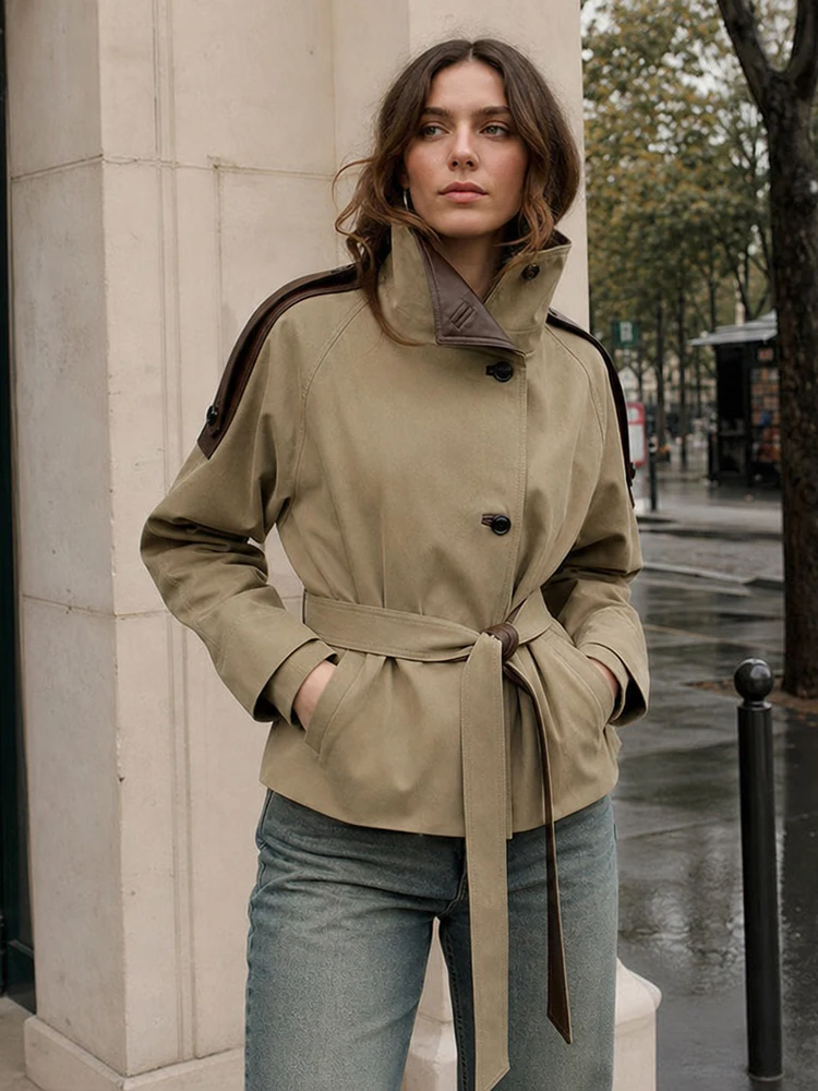 Gabardina Corta para Mujer, de Piel Sintética, con Hombreras Empalmadas, Cinturón en la Cintura, Corte Holgado, Color Caqui, Chaqueta Corta Vintage 2026, Ropa Exterior para Damas