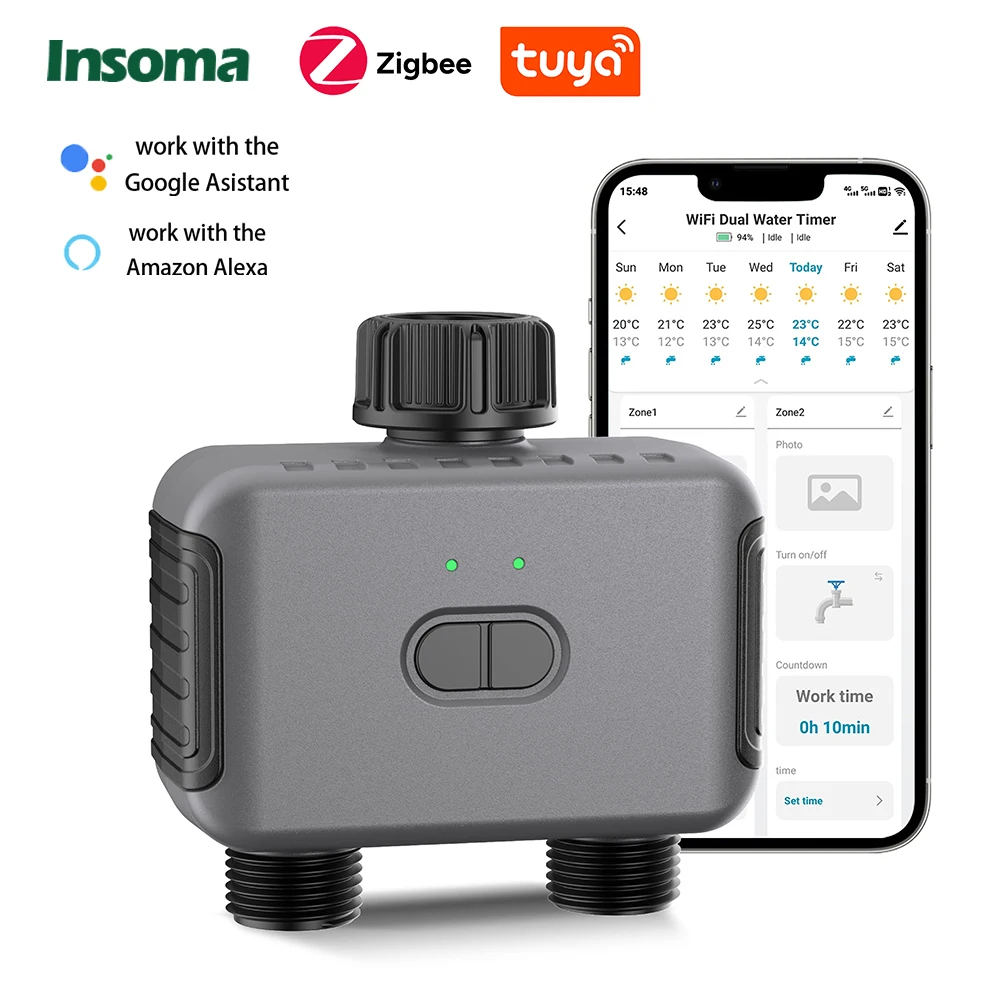 2025 Insoma Zigbee temporizador de agua inteligente automático 1/2 vías sistema de riego por goteo de jardín herramientas programadoras de aspersores IPX5