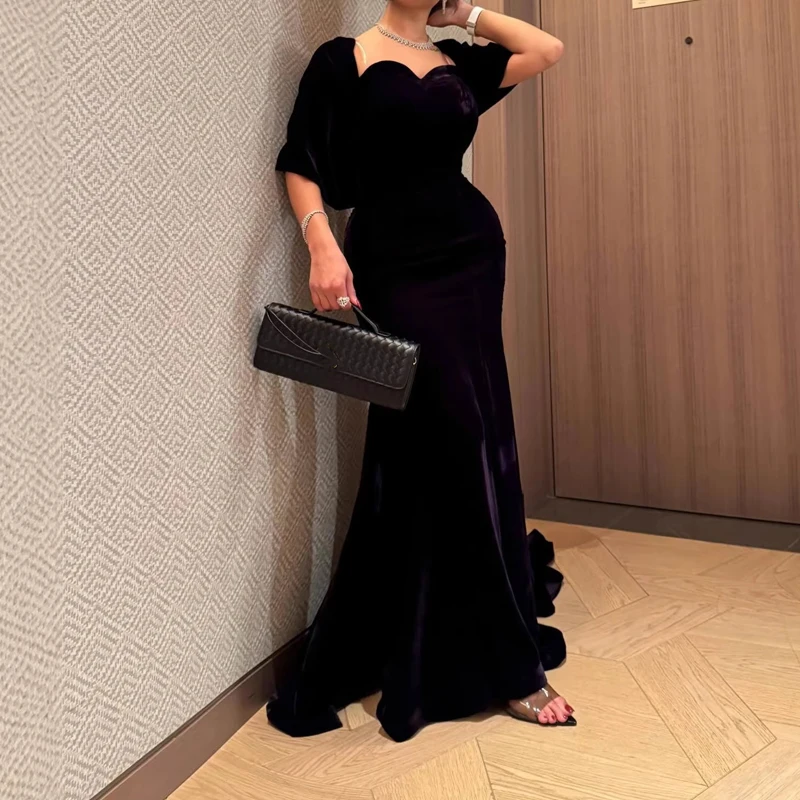 Vestido largo de terciopelo de cintura alta, liso, de manga corta, ajustado, con cuello corazón, estilo casual y de noche para mujer