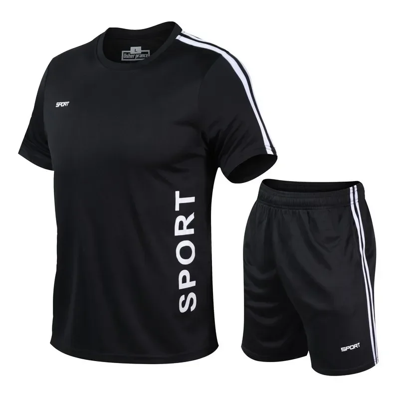 Ropa deportiva para correr para hombre, camiseta con estampado de poliéster y pantalones cortos, traje deportivo de secado rápido, conjunto de 2 piezas para correr, verano 2024