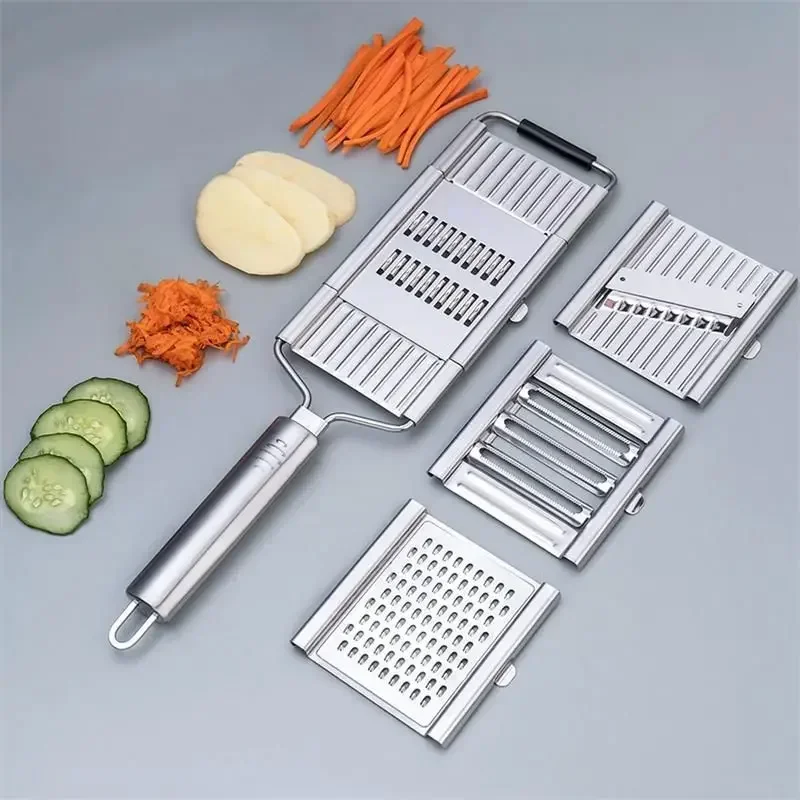 Cortador de verduras 4 en 1 de acero inoxidable, rebanador multiusos, juego de cortadores manuales para frutas, zanahorias y patatas.