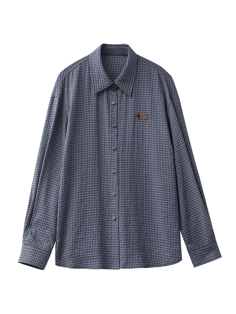 CHIC VEN camisa de mujer de manga larga de un solo pecho nuevas blusas holgadas informales bordadas a cuadros Retro Top femenino Primavera Verano 2025