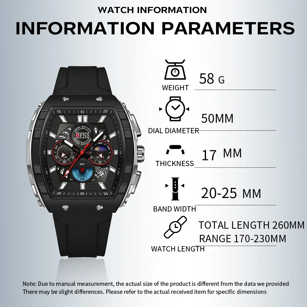 Relojes de cuarzo OFNS a la moda para hombre, cronógrafo luminoso resistente al agua, calendario, correa de silicona, reloj deportivo de lujo para exteriores para hombre