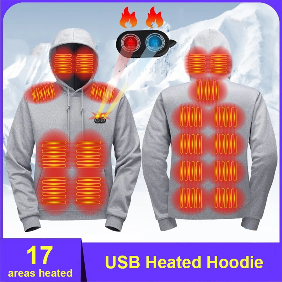 Sudadera con capucha con calefacción USB para hombre, Sudadera de punto con calefacción, 17 zonas, sudaderas con capucha con calefacción eléctrica, sudaderas con capucha cálidas para otoño e invierno para hombre