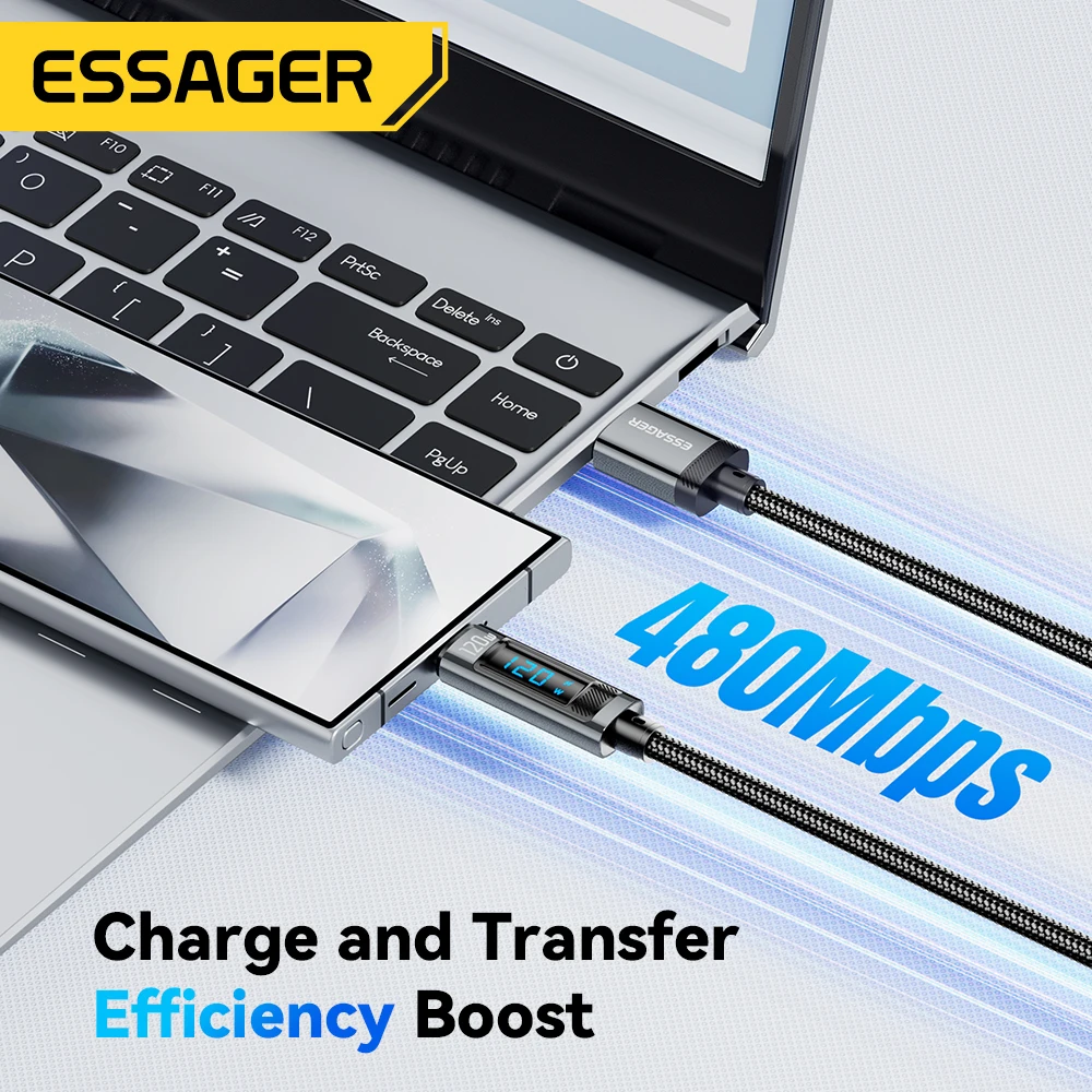 Essager 120W cable de datos de pantalla digital PD Super Flash carga 6A para Xiaomi 14Pro Redmi K70 POCO X6 3Pro IPhone15 LED