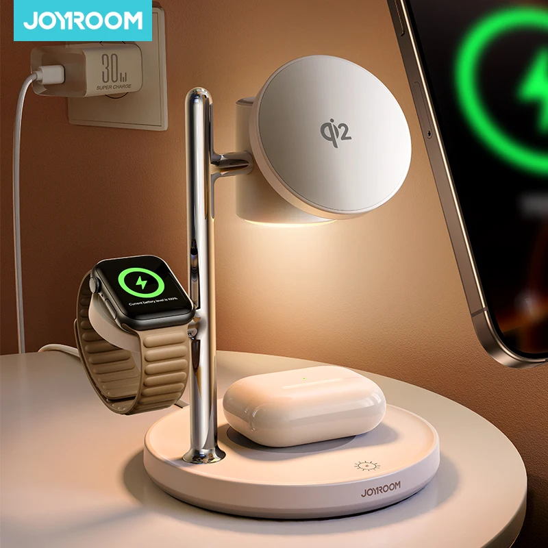Joyroom Qi2 Estación de carga magnética para Apple Cargador inalámbrico rápido para iPhone 17 16 15 Pro Max para iWatch para AirPods JR-W23