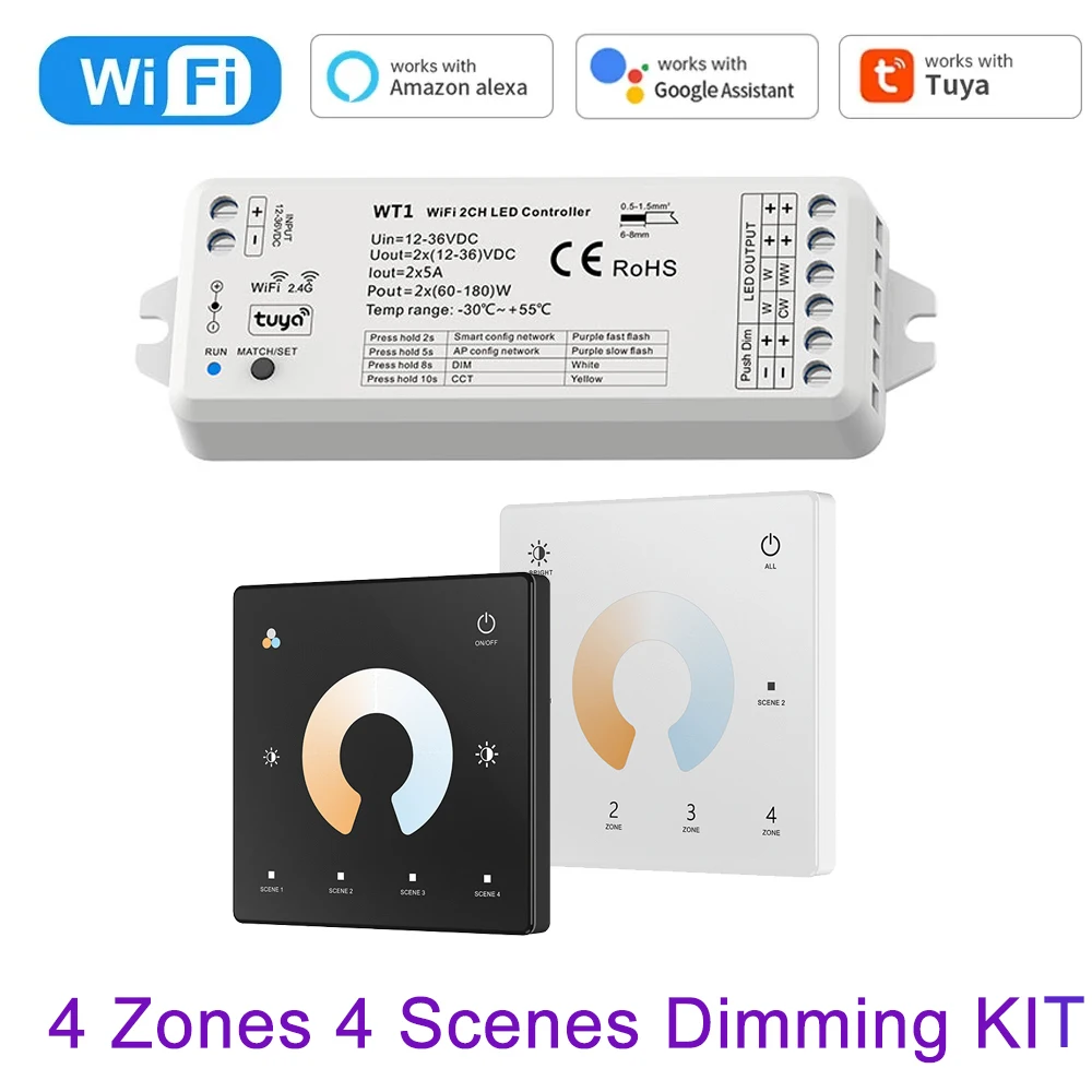 Atenuador inteligente LED, Kit de controlador de atenuación de tira LED CCT de 2 canales, 12V, 24V, 36V, 2,4G, Control remoto RF, Interruptor táctil de 4 zonas para TUYA Wifi