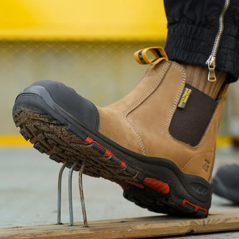 Botas de cuero genuino para hombre, zapatos de seguridad para el trabajo, antigolpes, antipinchazos, antiescaldado, zapatos de soldador, botas protectoras Chelsea para hombre