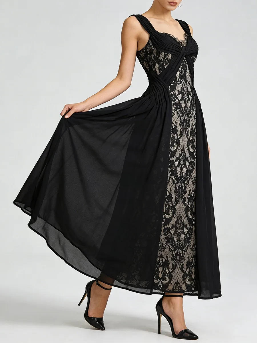TWOTWINSTYLE Vestidos Largos Sexys de Encaje con Recortes para Mujer, Cuello en V, Sin Mangas, con Pliegues, Vestido Entallado, Ropa Femenina