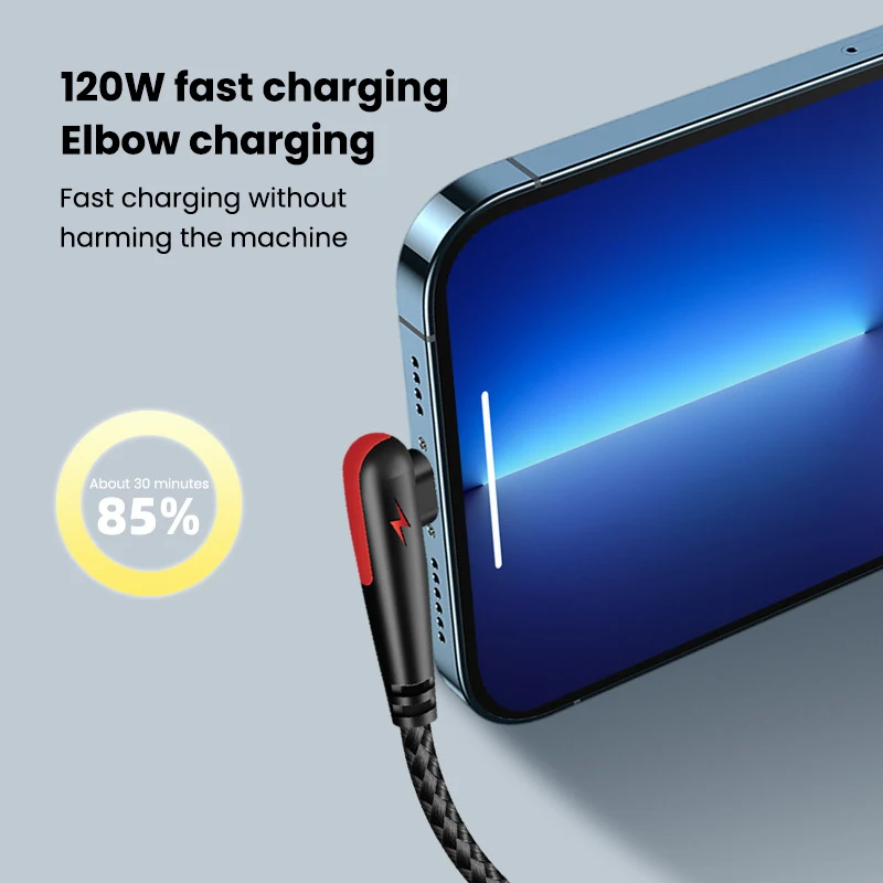 120W USB a cable tipo C 90 grados codo teléfono móvil carga rápida para Huawei Mate 40 30 Xiaomi Samsung Teléfono Cable de carga