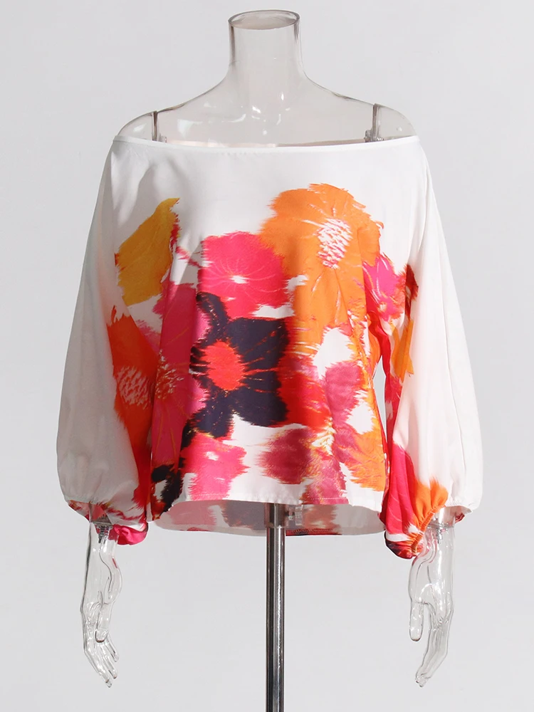 TWOTWINSTYLE-Conjunto de dos piezas con estampado informal para mujer, Tops de manga farol con cuello oblicuo, pantalón de cintura alta, holgado, a la moda