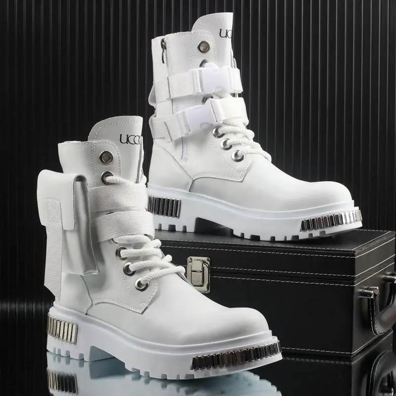 Botas de Invierno para Hombre 2025, Blancas, de Terciopelo, Cálidas, Estilo Británico, con Suela Gruesa, para Motocicleta