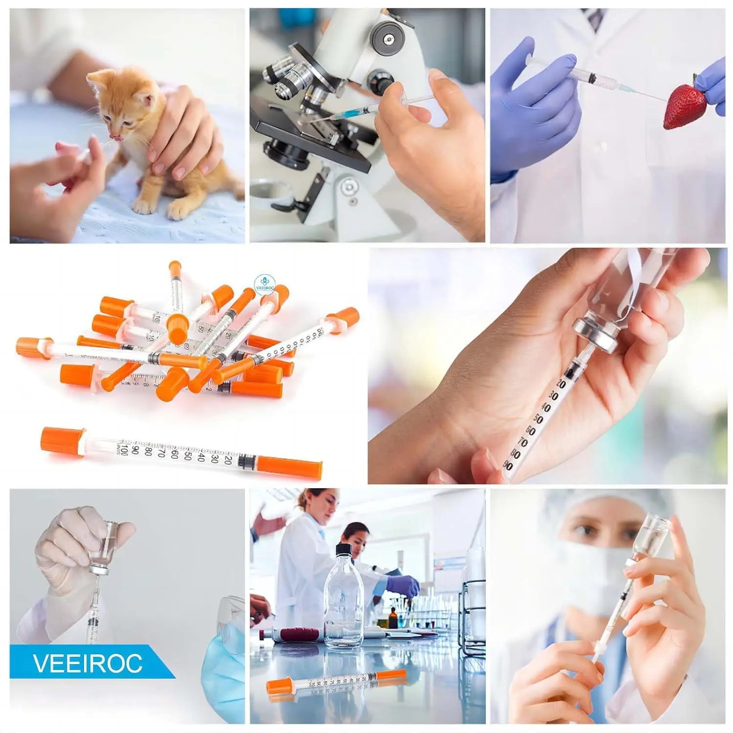 25/80 unidades de jeringa de insulina estéril desechable de 1 ml con aguja de 30/31G y tapa naranja, empaquetadas individualmente para mascotas y animales de granja