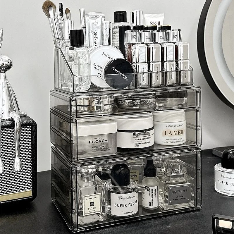 Organizador de Maquillaje Acrílico con Cajones, Caja de Almacenamiento de Cosméticos, Tocador, Soporte para Pinceles de Labios y Cuidado de la Piel, Cajones para Dormitorio y Baño