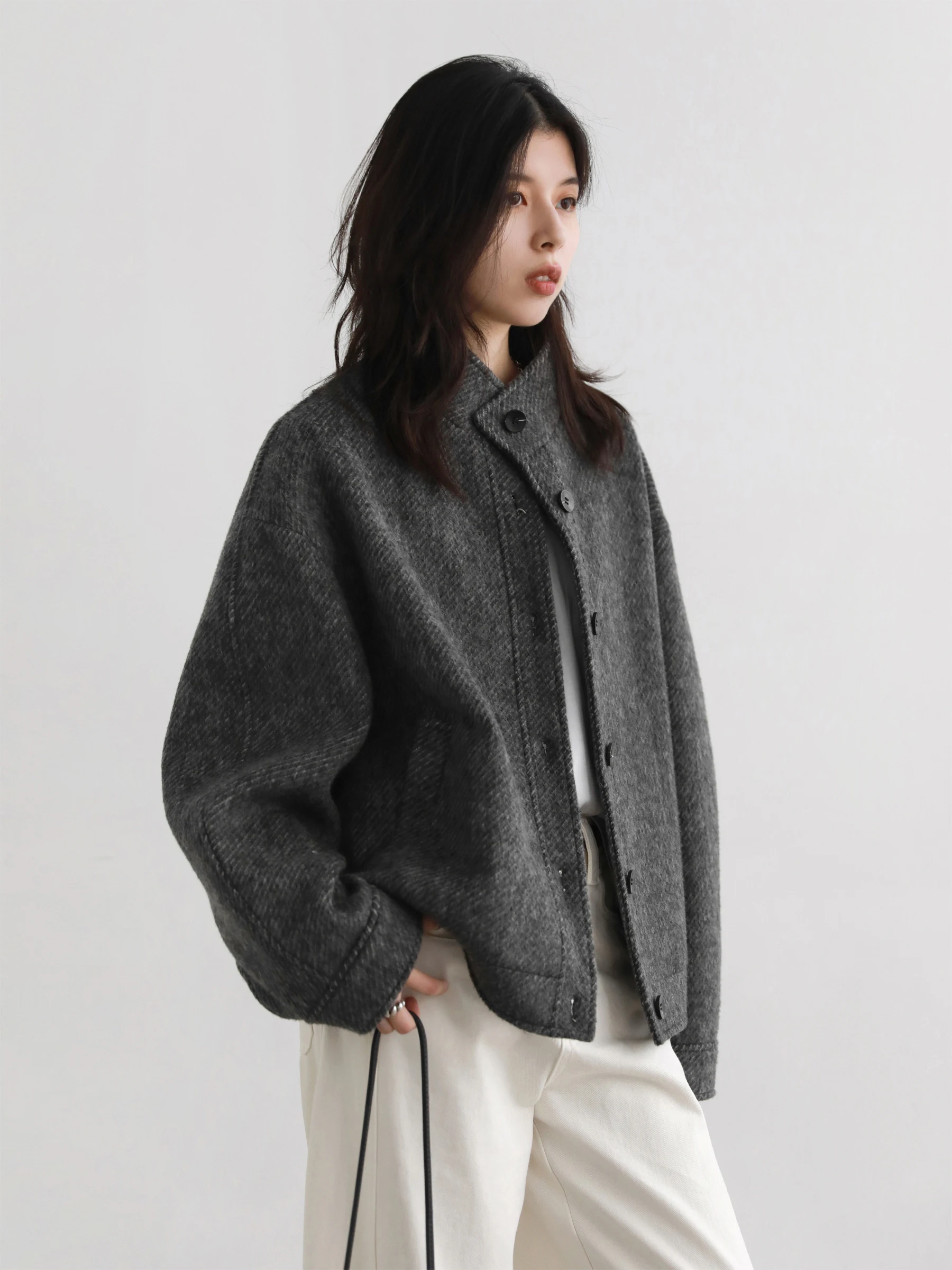 CHIC VEN-abrigo corto de lana para mujer, chaqueta con textura de sarga de un solo pecho, prendas de vestir Retro para mujer, Otoño Invierno 2025