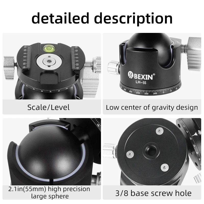 Centro de gravedad bajo, cabeza de bola para trípode de 55mm ~ 28mm, doble muesca en U, ajuste de amortiguación de perfil ultrabajo, cabezal de bola CNC de alta resistencia