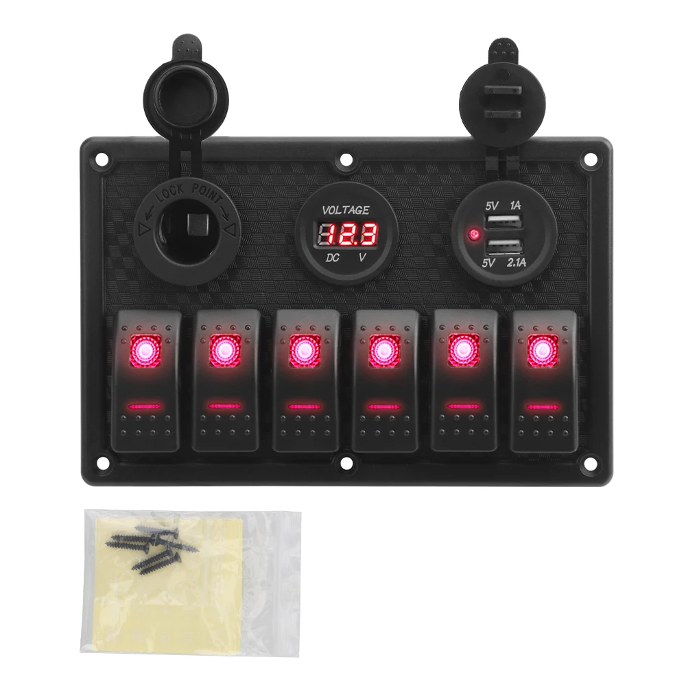Panel de interruptor basculante de 6 entradas con ranura USB Dual de 4,2 A, pantalla de voltaje Digital para barco marino, coche, vehículos Rv, camión, yate