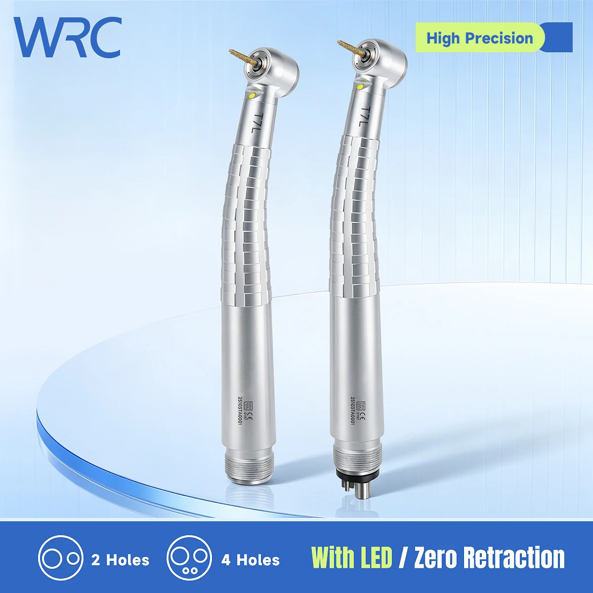 Pieza de mano dental LED de alta velocidad T7L, sin retracción, con 4 pulverizaciones de agua, botón pulsador, 2/4 orificios, pieza de mano de turbina de aire para clínica dental