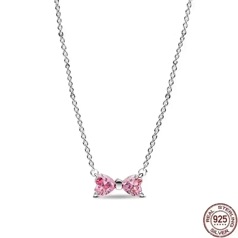 Nuevo collar de plata de ley 925 con colgante cuadrado brillante rosa y blanco en forma de corazón de melocotón