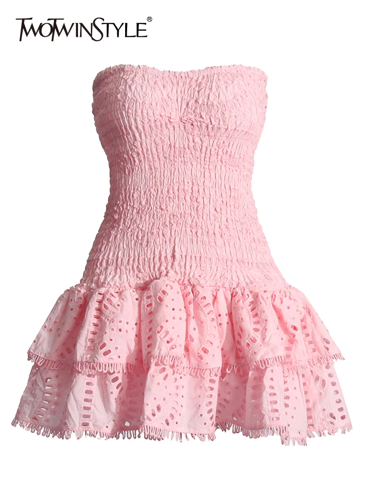 TWOTWINSTYLE, vestidos informales con pliegues de retales para mujer, sin tirantes, sin mangas, cintura alta, vestido elegante adelgazante calado para mujer