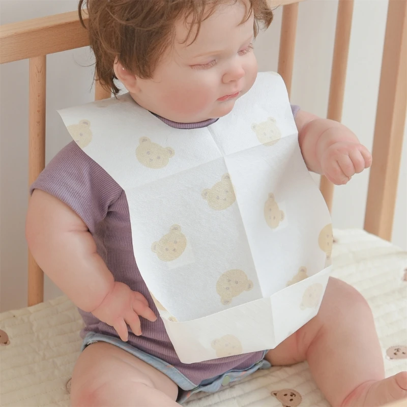 Paquete de 50 Baberos desechables para bebés de 6 meses a 2 años, babero de alimentación de oso de dibujos animados para niño y niña, toalla de baba no tejida
