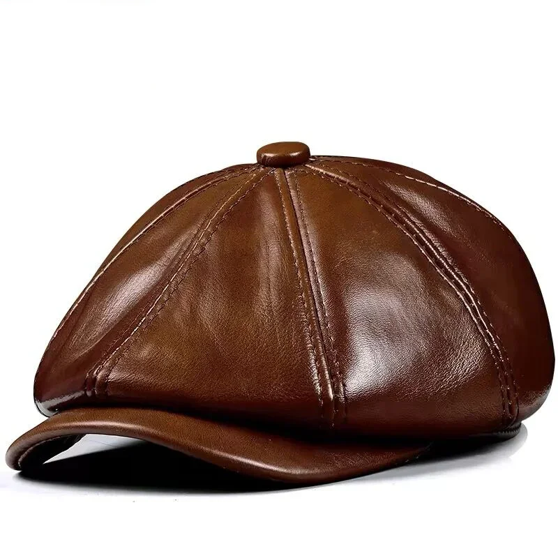 Gorro de cuero 2024 genuino para hombre, boina de cuero de vaca, algodón cálido, acolchado de marca, marrón/negro, pato, nuevo