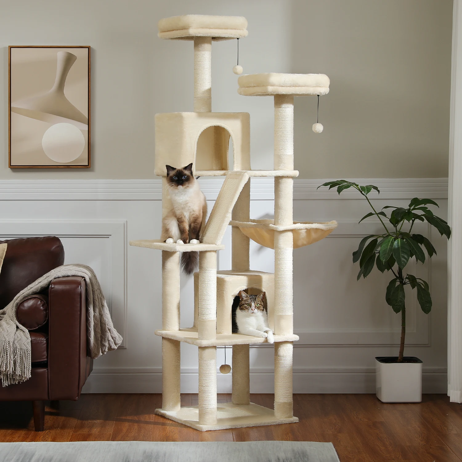 Árbol grande para gatos, torre alta para gatos de interior, Condo de gato de peluche de varios niveles con postes para rascar, tablas para rascar, perchas, cuádruplas