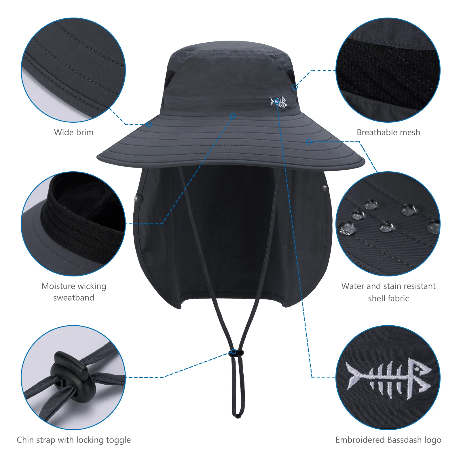 Bassdash UPF 50 + sombrero de sol transpirable con cubierta facial extraíble y solapa para el cuello, sombrero de cubo de ala ancha resistente al agua Unisex