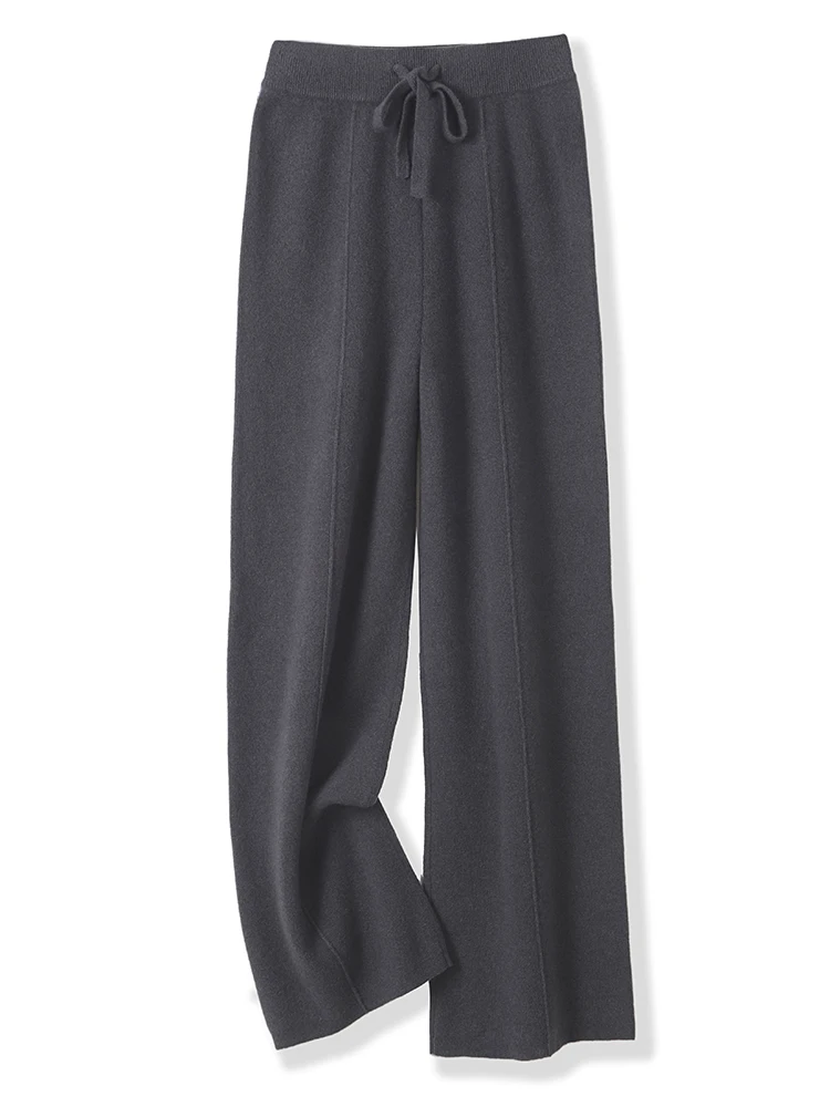 Pantalones de pierna ancha tejidos de lana merina de 100% para mujer, pantalones básicos de punto de Cachemira suaves y cálidos para otoño e invierno, estilo informal Simple coreano
