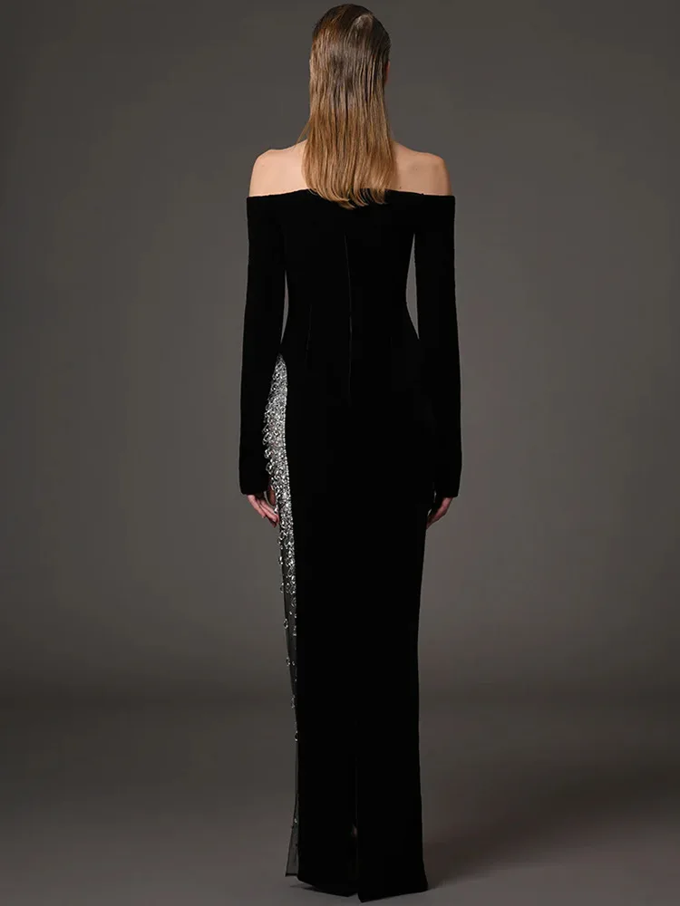 Vestido Largo Maxi de Gasa con Cuentas de Diamantes y Hombros Descubiertos, Diseño de Alta Costura 2026, Nuevo de HIGH STREET