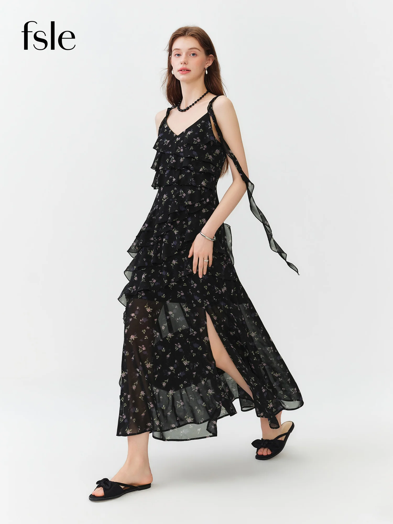 FSLE Vestido largo de verano con estampado floral y volantes para mujer, vestido largo con tirantes ajustables y corte en A, estilo romántico coqueto