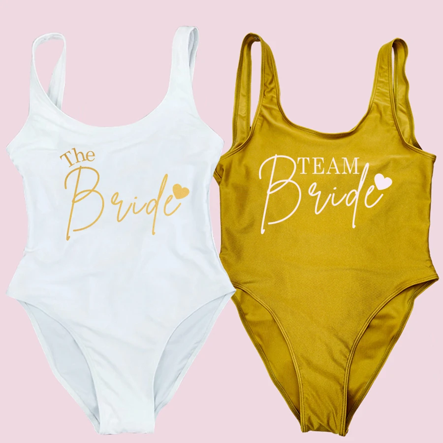 TEAM Bride Heart Print One Piece Swimsuit Women Swimwear High Cut Low Back Sexy Bodysuit Bachelor Party Bathing Suit Swimming