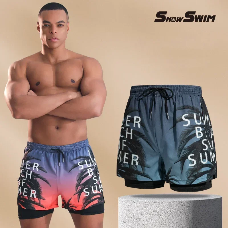 Nuevo Bañadores para hombre, pantalones cortos de baño de doble capa, antivergüenza, forrados con pantalones de playa profesionales, equipo de natación para adultos