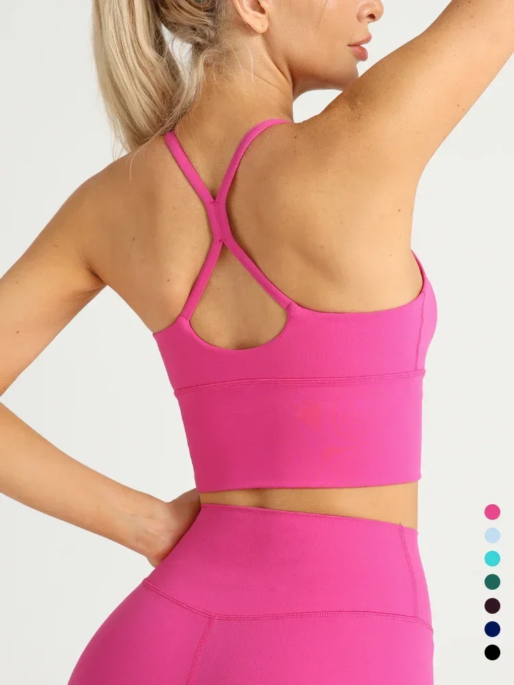 Color sólido mujeres gimnasio Yoga sensación desnuda Sexy espalda cruzada Y forma Sujetador deportivo Fitness Yoga trotar entrenamiento deportes mujeres Sling