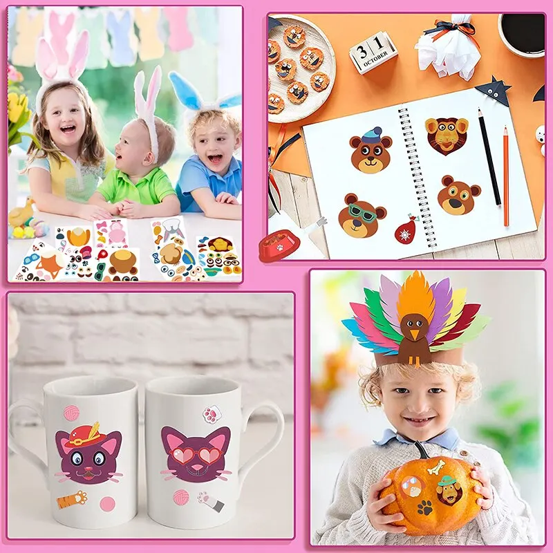 Juego de pegatinas de rompecabezas DIY para niños, 12 hojas, Cara de animales, ensamblaje divertido, pegatinas, juguetes educativos, regalos para niños y niñas