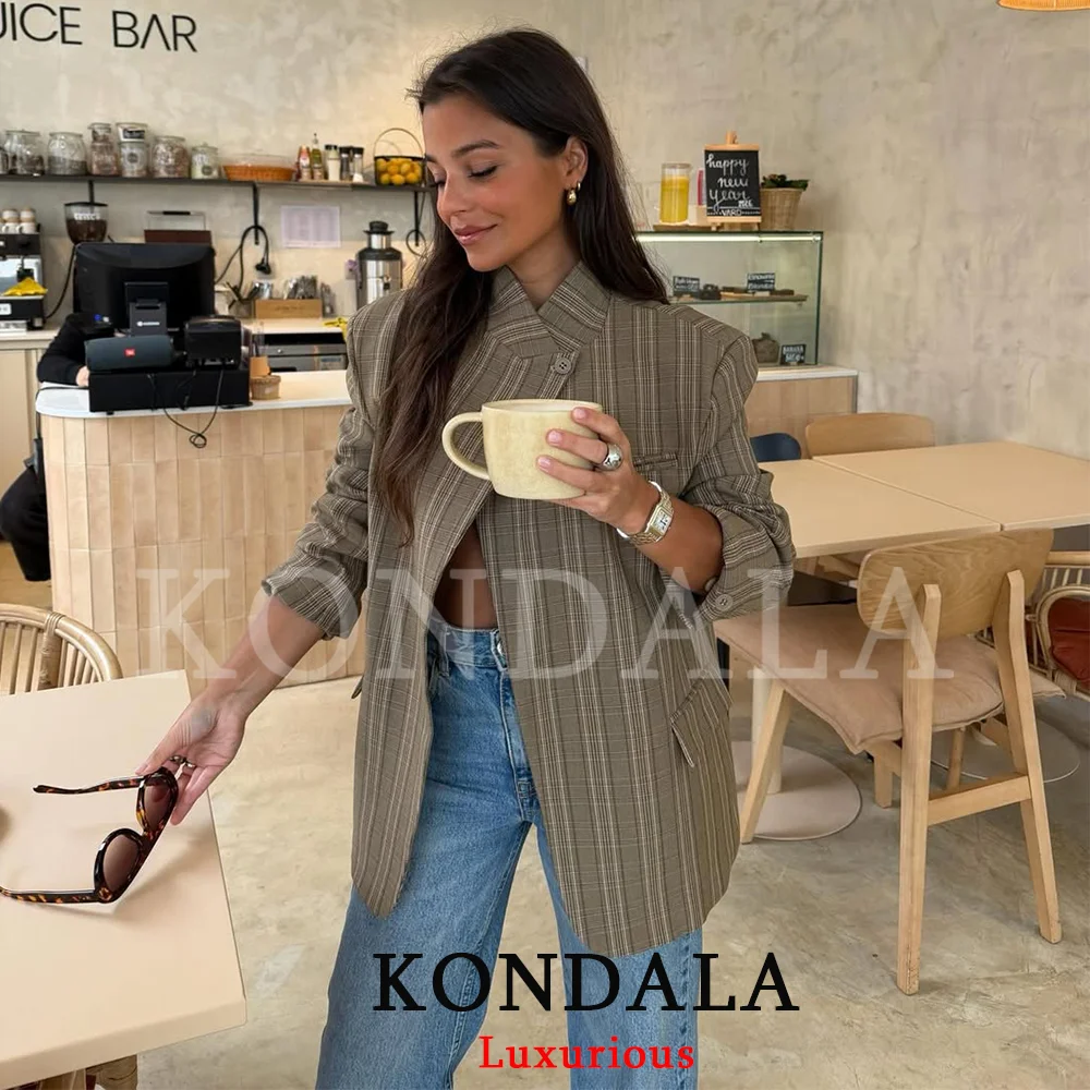 Blazer a Cuadros Elegante para Mujer de Oficina KONDALA, Blazer Oversize con Botón Único en la Parte Delantera, Moda Primavera-Verano 2026, Top para Mujer de Oficina