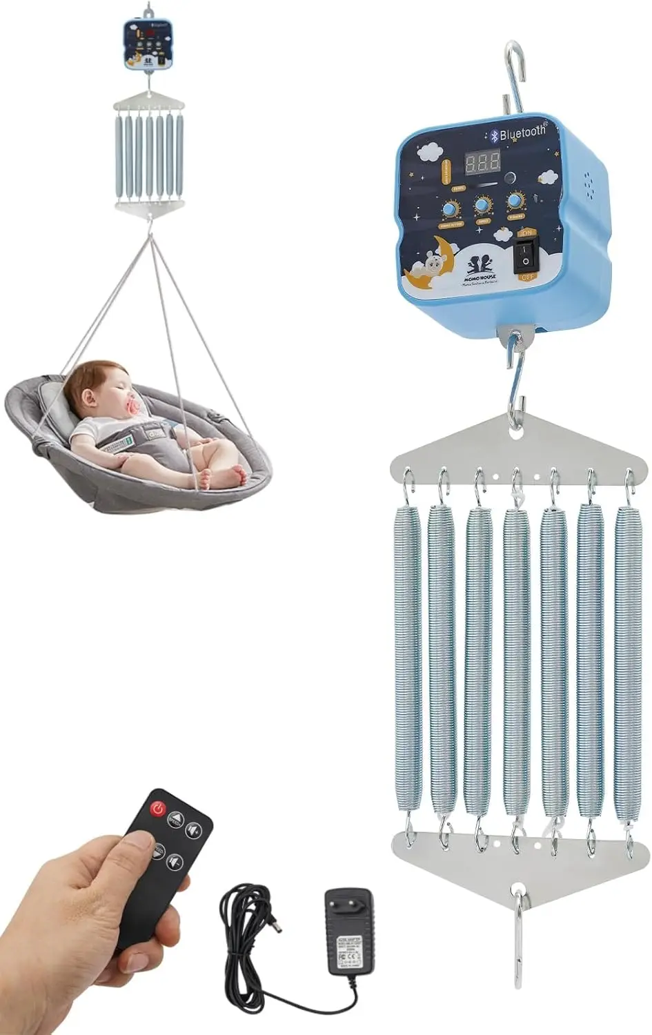 Cuna de resorte eléctrica Capacidad de carga para bebé 19 kg Colgante 7 resortes Control de columpio eléctrico para bebé Hamaca para bebé 9 velocidades 6 temporizador