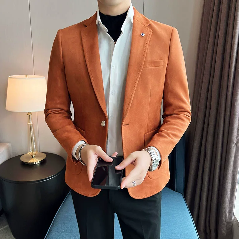 Nuevo abrigo de traje de moda para hombre, chaqueta de lujo elegante de terciopelo de piel de venado ajustada, abrigo informal de negocios para boda, traje de talla grande 4XL-S