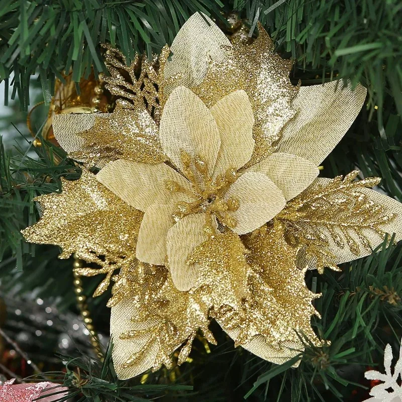 Flores Artificiales de Poinsettia Rojas Doradas Brillantes, Árbol de Navidad Artificial, Flores Falsas con Purpurina, Adornos Florales para Fiestas y Hogar