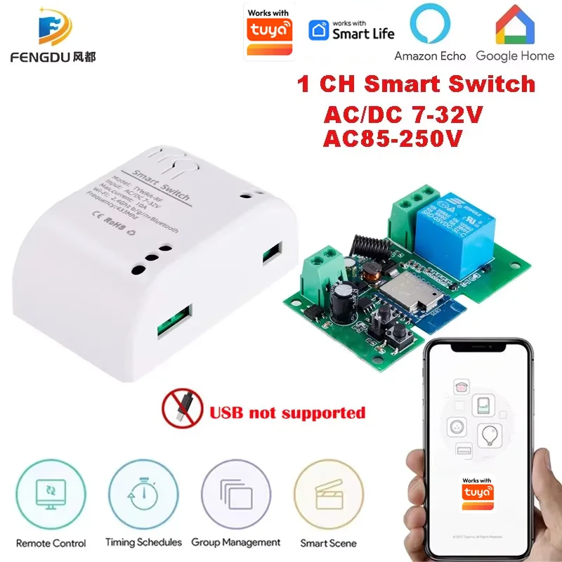 Interruptor Inteligente Wifi de 1 Canal, 7-32V, Mini Controlador de Luz Wifi, Receptor RF 433, Abrepuertas de Garaje, 10A, Compatible con la Aplicación Tuya, Relé de 1 Canal