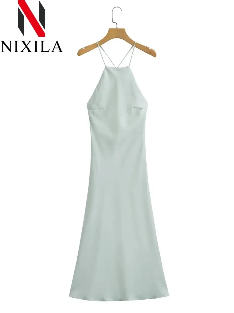 Primavera Verano mujer sin mangas Maxi vestido satén sensación estilo americano europeo Sexy banquete vestido de noche ropa