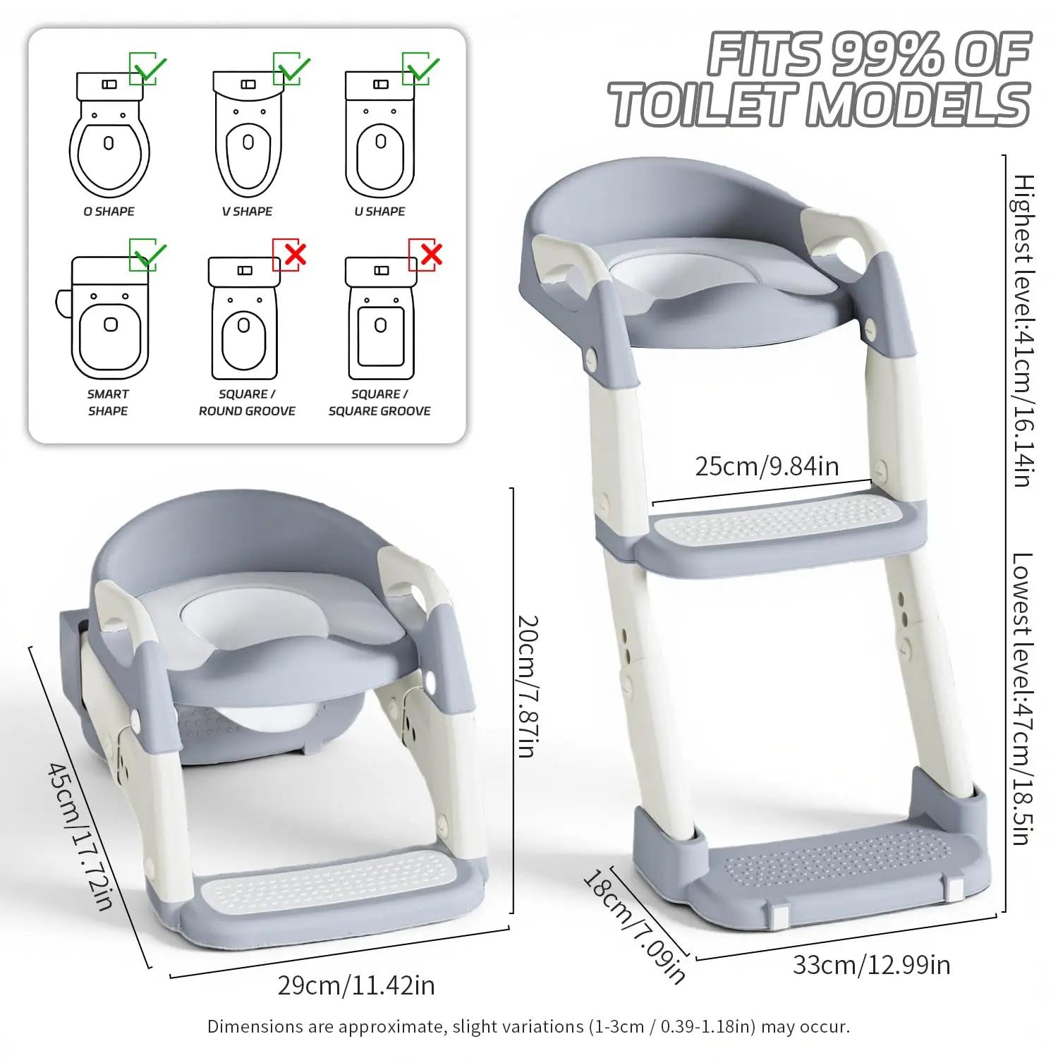 Asiento de inodoro 2 en 1 para niños pequeños con escalera – Asiento de entrenamiento para ir al baño ajustable con escalones y almohadillas antideslizantes, plegable para niños y niñas, entrenador de inodoro para baño (Gris Verde Morado)