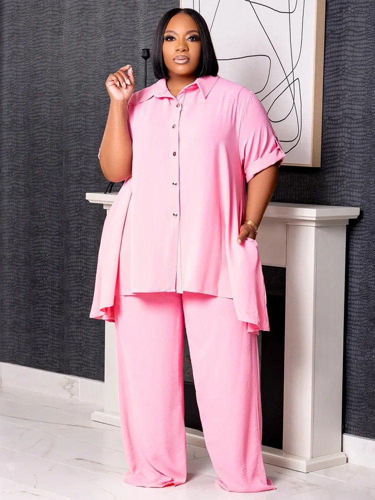 Wmstar-Conjunto de dos piezas de talla grande para mujer, camiseta informal con botones sólidos, pantalones de pierna ancha, trajes femeninos, venta al por mayor, envío directo, 5XL, Verano