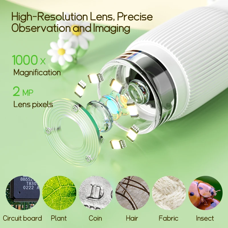 Microscopio para niños de bolsillo portátil pantalla IPS de 2 pulgadas 1000X microscopios digitales de mano con 8 luces LED ajustables