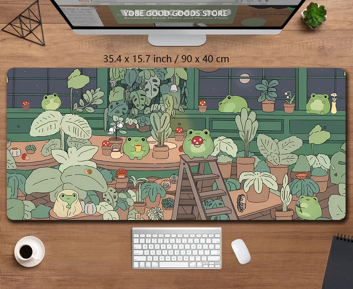 Alfombrilla de escritorio de ranas Kawaii, alfombrilla de ratón grande para juegos Xxl, alfombrilla de ratón bonita de Anime, estética Cozi Lofi, planta, naturaleza, verde, alfombrilla de escritorio extendida