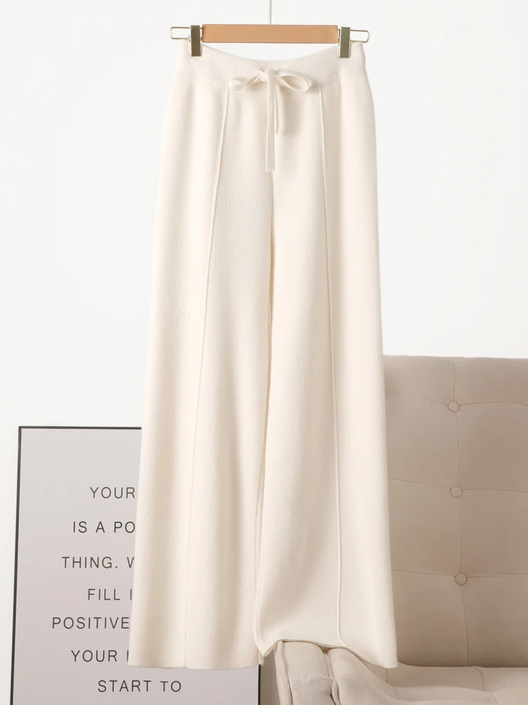 Pantalones de pierna ancha tejidos de lana merina de 100% para mujer, pantalones básicos de punto de Cachemira suaves y cálidos para otoño e invierno, estilo informal Simple coreano