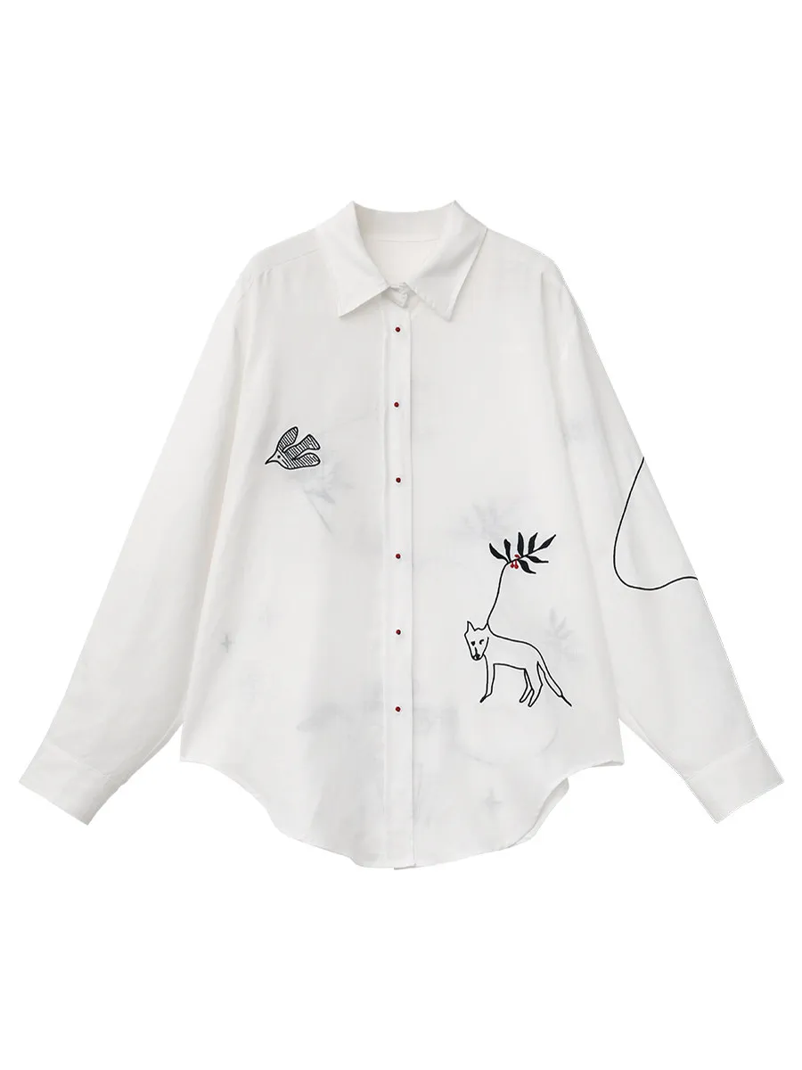 Camisa de Moda CHIC VEN para Mujer, Blusa Blanca de Manga Larga con Botones, Estilo Casual Holgado, Bordado de Poni, Primavera Verano 2026